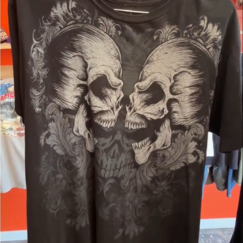 Black Skull Gothic Y2K Men's T-Shirt Large 2000s style